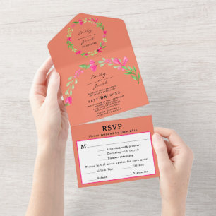 Invitation Tout En Un Élégant rose floral vert Coral Orange mer RSVP