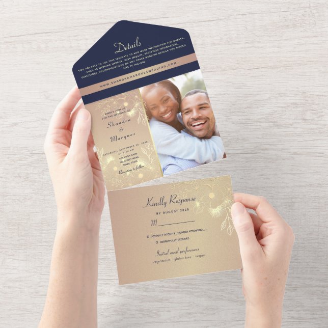 Invitation Tout En Un Élégant Rose Gold Navy Floral All-in-One Invitatio (Déchirure)