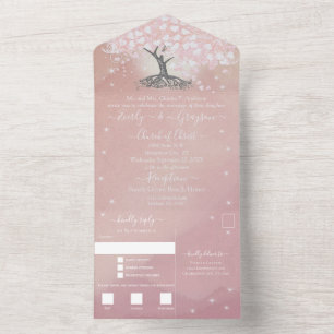 Invitation Tout En Un Élégant Rose Pink Heart Leaf Tree Mariage