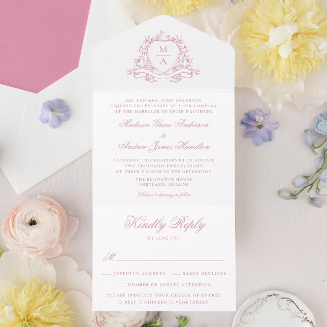 Invitation Tout En Un Élégant Rose rose floral Crest Mariage (Créateur téléchargé)