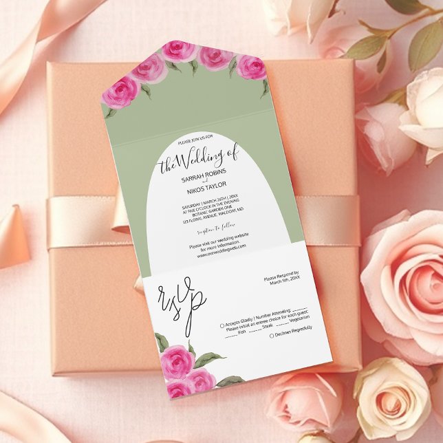Invitation Tout En Un Elégant Roses d'aquarelle rose romantique (Créateur téléchargé)