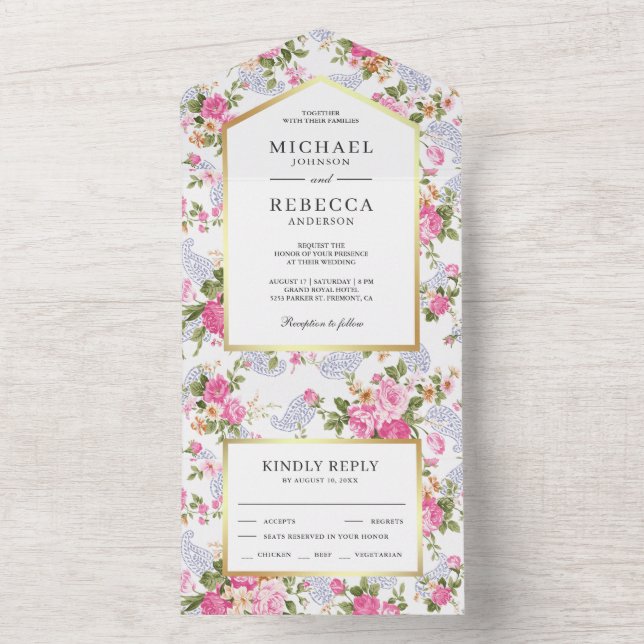 Invitation Tout En Un Elégant Roses Rose Botanique Jardin Mariage (À l'intérieur)