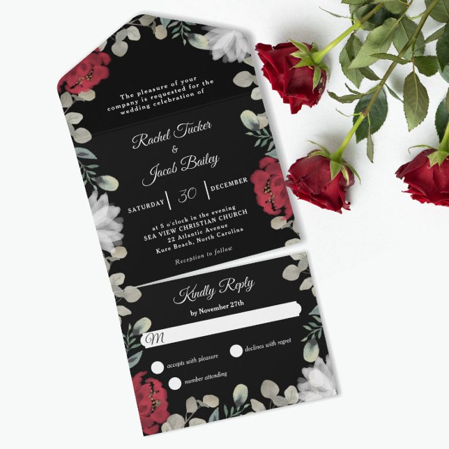 Invitation Tout En Un Elégant Rouge Blanc Floral Mariage (Créateur téléchargé)