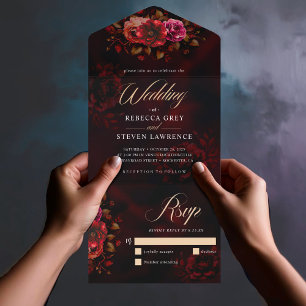 Invitation Tout En Un Elégant rouge noir floral mariage romantique moody