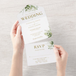Invitation Tout En Un Elégant Rustic Greenery Mariage de typographie or