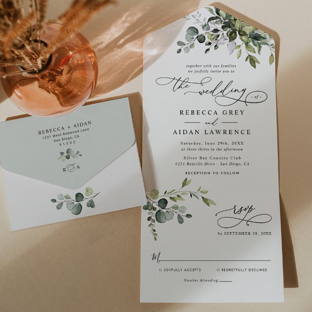 Invitation Tout En Un Elégant Rustique Eucalyptus Feuille Mariage de ver (Créateur téléchargé)