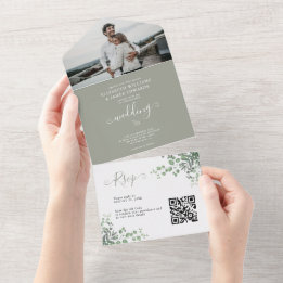 Invitation Tout En Un Elégant Rustique Eucalyptus Photo QR Code Mariage