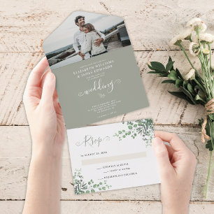 Invitation Tout En Un Élégant Rustique Eucalyptus Verdure Photo Mariage