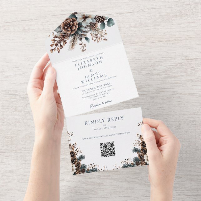 Invitation Tout En Un Élégant Rustique Floral Pinecone QR Code Mariage (Déchirure)