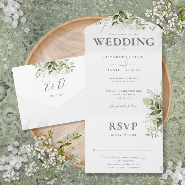 Invitation Tout En Un Élégant Rustique Mariage de typographie (Elegant Rustic Greenery Typography Wedding All In One Invitation)
