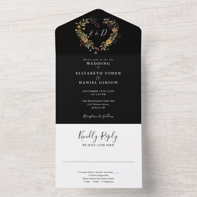 Invitation Tout En Un Élégant Rustique moderne Mariage de coeur floral (À l'intérieur)