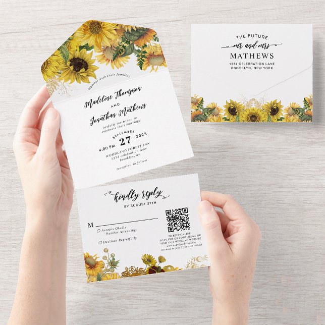 Invitation Tout En Un Élégant Rustique Sunflower Gold QR Code Mariage (Créateur téléchargé)