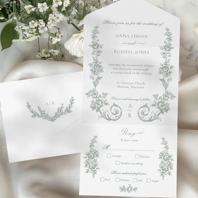 Invitation Tout En Un Elegant Sage Baroque Roses Wedding (Créateur téléchargé)