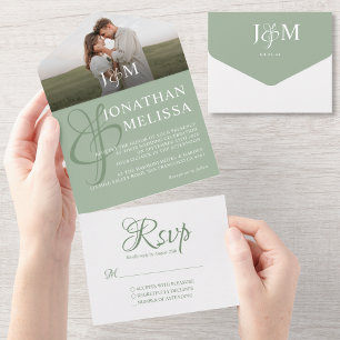Invitation Tout En Un Elegant Sage Green Overlay Photo Monogram Wedding