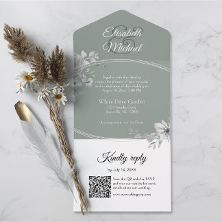 Invitation Tout En Un Elégant Sage Green QR Code Monogramme Mariage RSVP