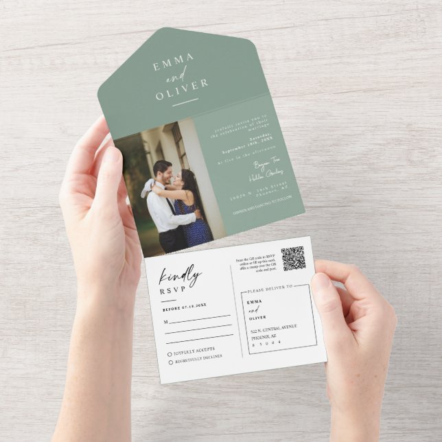 Invitation Tout En Un Elégant Sage vert Boho QR Code photo RSVP (Déchirure)