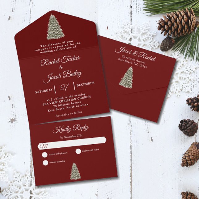 Invitation Tout En Un Élégant sapin de Noël rouge foncé Mariage de Noël (Christmas Tree Dark Red All-in-one Seal and Send Wedding Invitation)
