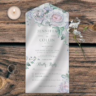 Invitation Tout En Un Élégant Satin Blanc & Dîner Floral Pastel