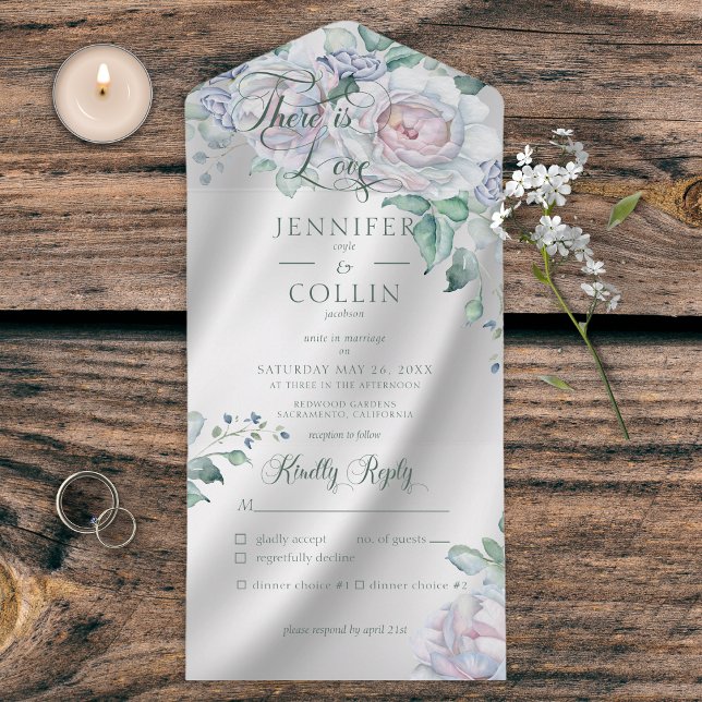 Invitation Tout En Un Élégant Satin Blanc & Dîner Floral Pastel (Créateur téléchargé)