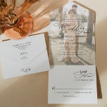 Invitation Tout En Un Élégant script Mariage photo moderne<br><div class="desc">Cette élégante Faire-part de mariage All-In-One est dotée d'un texte de calligraphie de script de balayage associé à un serif élégant et à une police sans caractère moderne en noir,  avec une superposition photo à l'avant et un monogramme personnalisable à l'arrière. Éléments correspondants disponibles.</div>