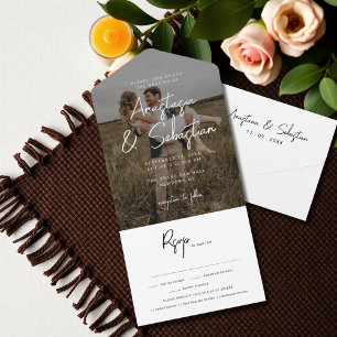 Invitation Tout En Un Élégant script noir et blanc RSVP Mariage photo V2