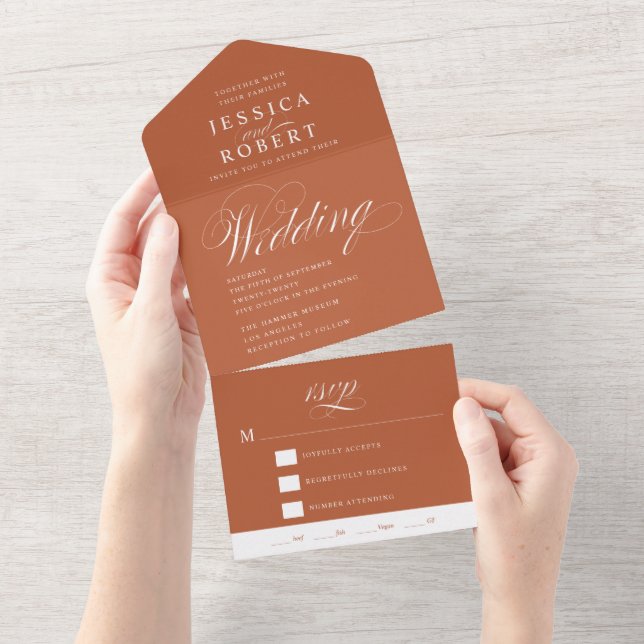Invitation Tout En Un Élégant Script Terracotta Rust Calligraphie Mariag (Déchirure)