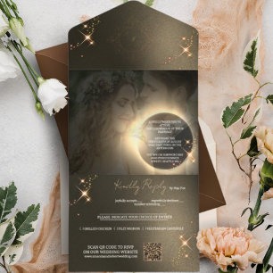 Invitation Tout En Un Élégant Sepia Solar Eclipse Mariage photo personna