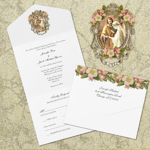 Invitation Tout En Un Élégant Simple Gold Catholique Mariage Floral Tout