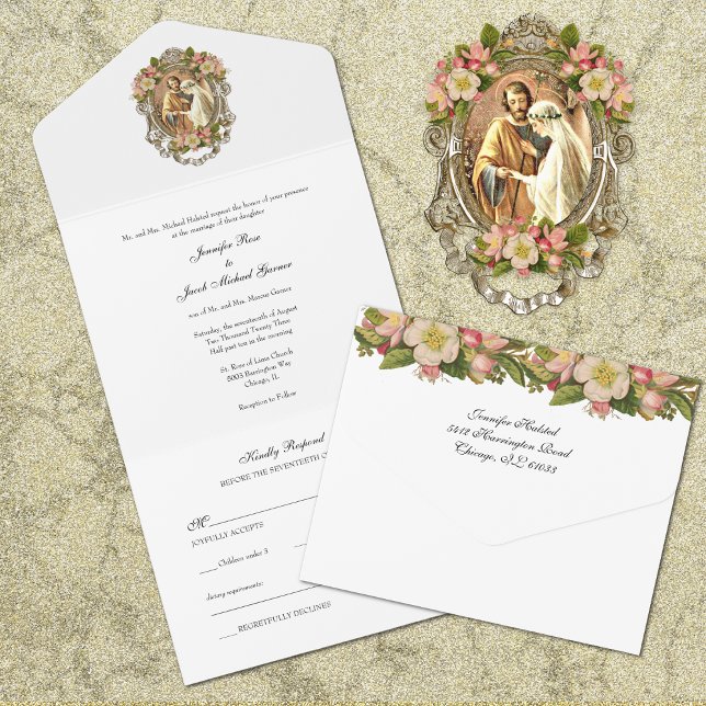 Invitation Tout En Un Élégant simple or catholique Mariage floral (Créateur téléchargé)