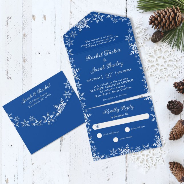 Invitation Tout En Un Élégant Snowflakes Bordure Bleu Profond Mariage d' (Créateur téléchargé)