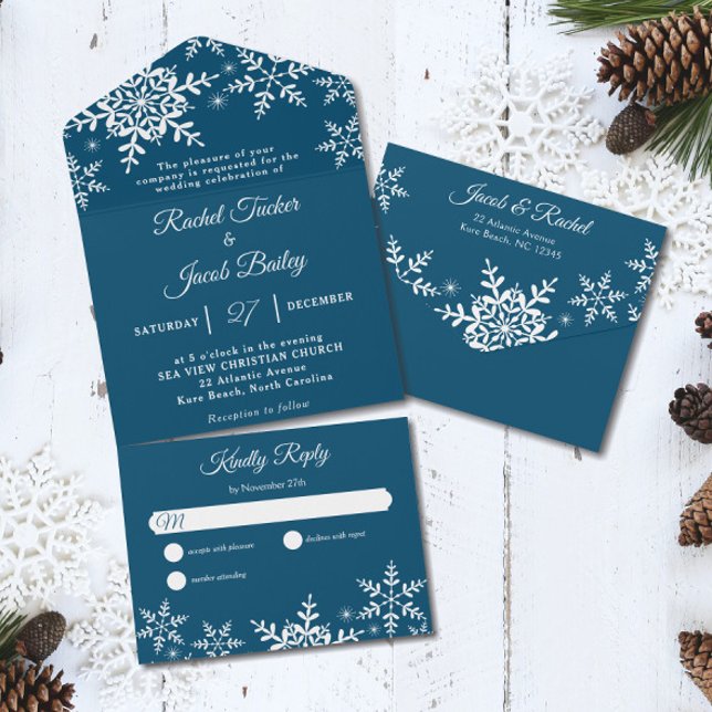 Invitation Tout En Un Élégant Snowflakes Dark Blue Navy Mariage hivernal (Créateur téléchargé)