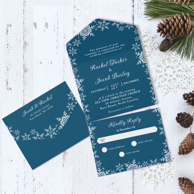 Invitation Tout En Un Élégant Snowflakes Mariage de Noël bleu foncé (Créateur téléchargé)