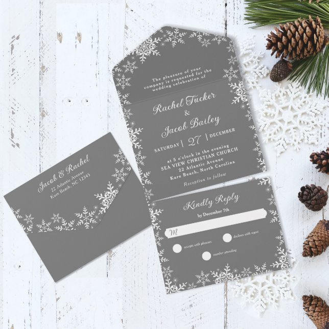Invitation Tout En Un Élégant Snowflakes Mariage de Noël gris argent (Créateur téléchargé)