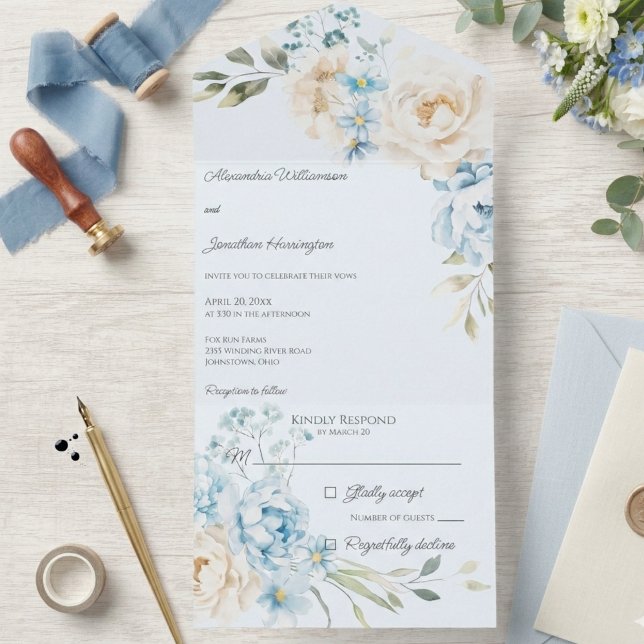 Invitation Tout En Un Elegant Soft Blue on Blue Floral Wedding (Créateur téléchargé)