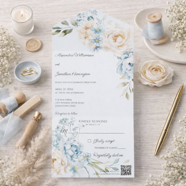 Invitation Tout En Un Elegant Soft Blue on Blue Floral Wedding (Créateur téléchargé)