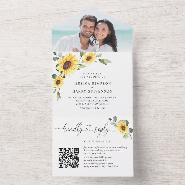 Invitation Tout En Un Elégant Sunflower Eucalyptus Mariage code QR (À l'intérieur)