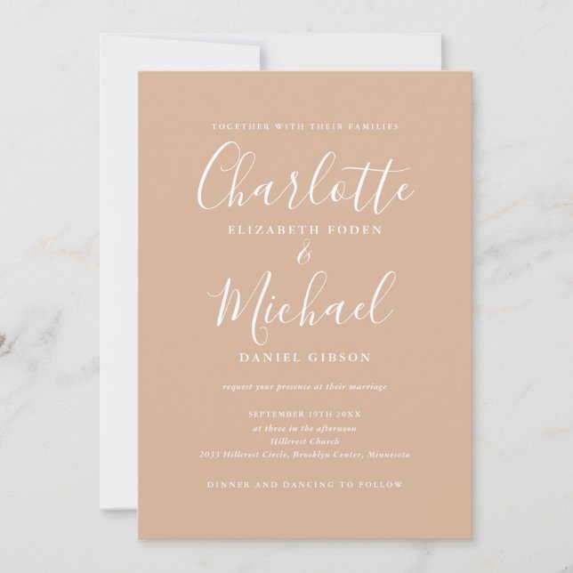 Invitation Tout En Un Élégant Taupe Brun Clair Mariage Script (Devant)