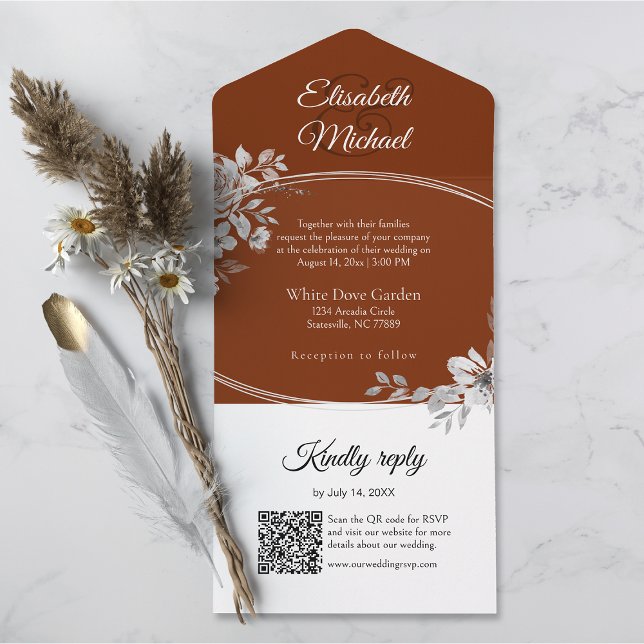 Invitation Tout En Un Élégant Terracotta QR Code Monogramme Mariage RSVP (All-in-one wedding invitation with QR code to RSVP - Simplify and save time for you and your guests.)