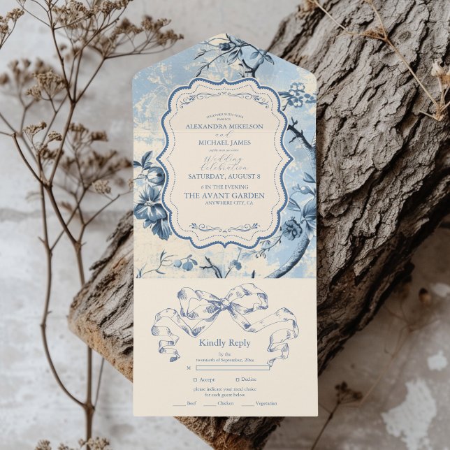 Invitation Tout En Un Elégant Toile Bleue De Jouy Mariage (Créateur téléchargé)