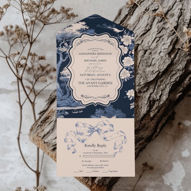 Invitation Tout En Un Elégant Toile Bleue De Jouy Mariage (Créateur téléchargé)