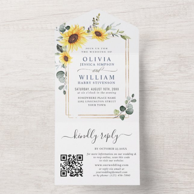 Invitation Tout En Un Elégant tournesol Eucalyptus Mariage de verdure QR (À l'intérieur)