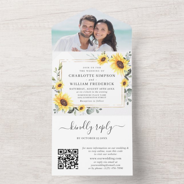 Invitation Tout En Un Elégant tournesol Eucalyptus Mariage de verdure QR (À l'intérieur)