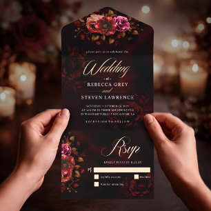 Invitation Tout En Un Élégant Tout En Un Pour Mariage Floral Rouge Noir