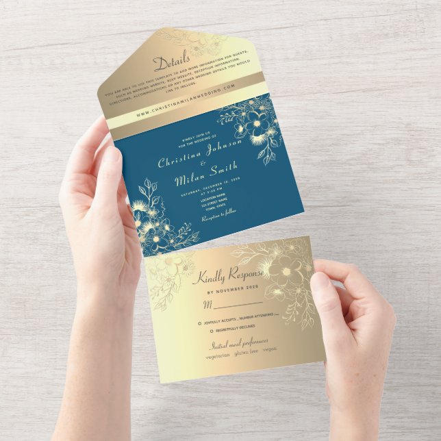 Invitation Tout En Un Élégant Turquoise Gold Floral Photo Mariage (Déchirure)