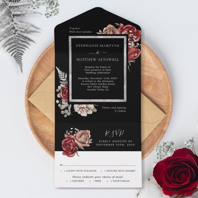 Invitation Tout En Un Élégant Unique Rose Rouge Mariage Botanique Noir (Créateur téléchargé)