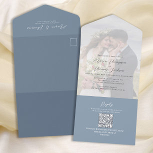 Invitation Tout En Un Élégant Vellum Photo Overlay Dusty Blue Code QR