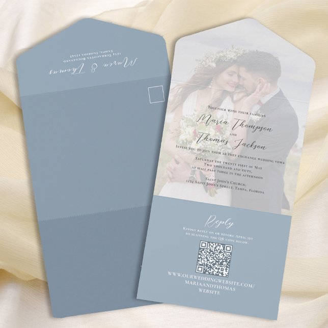 Invitation Tout En Un Élégant Vellum Photo Overlay Dusty Blue | Code QR (Créateur téléchargé)