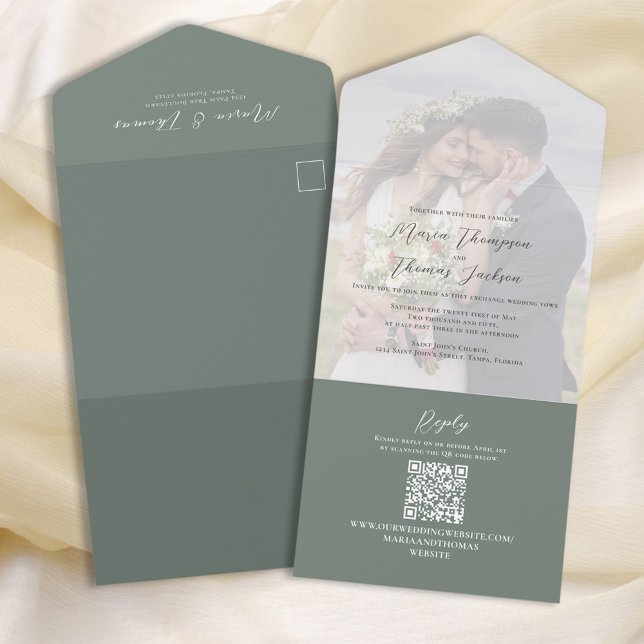 Invitation Tout En Un Élégant Vellum Photo Overlay Green | QR Code RSVP (Créateur téléchargé)