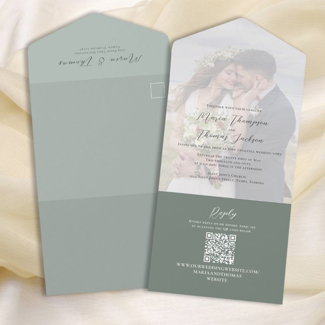 Invitation Tout En Un Élégant Vellum Photo Overlay Green | QR Code RSVP (Créateur téléchargé)