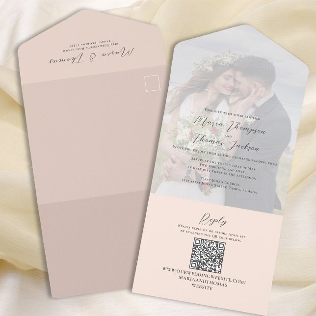 Invitation Tout En Un Élégant Vellum Photo Overlay Peach | Code QR (Créateur téléchargé)